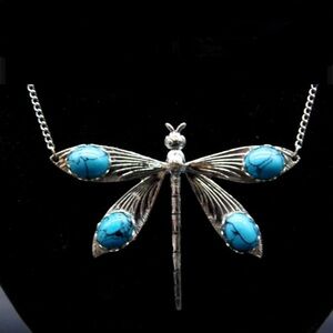 VINTAGE SILVER TONE TURQUOISE DRAGONFLY NECKLACE